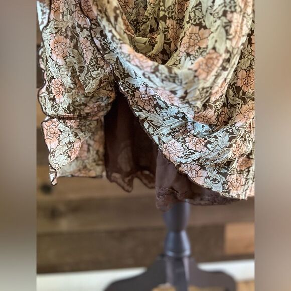 Worthington Chiffon Pleated Brown Layered Floral Midi Skirt Elastic Waist XL - Picture 4 of 11